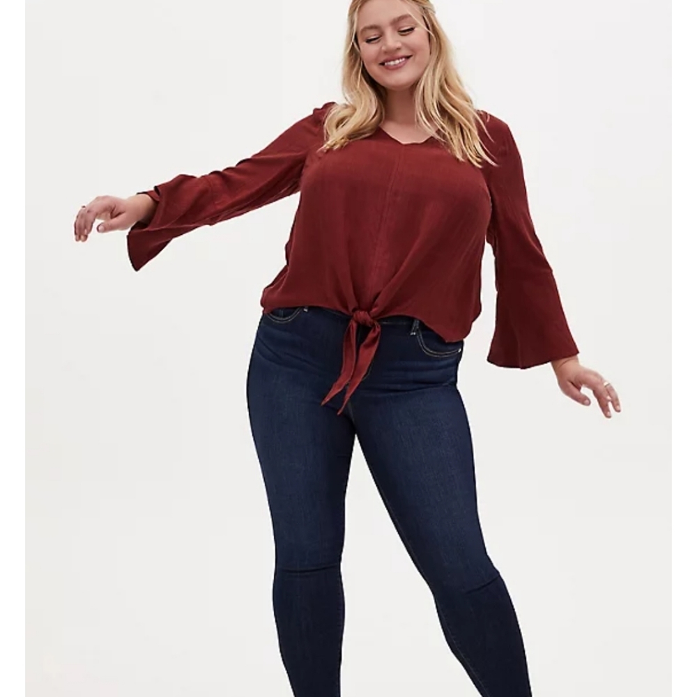 TORRID Brick Red Textured Tie Front Midi Blouse - Picture 2 of 9